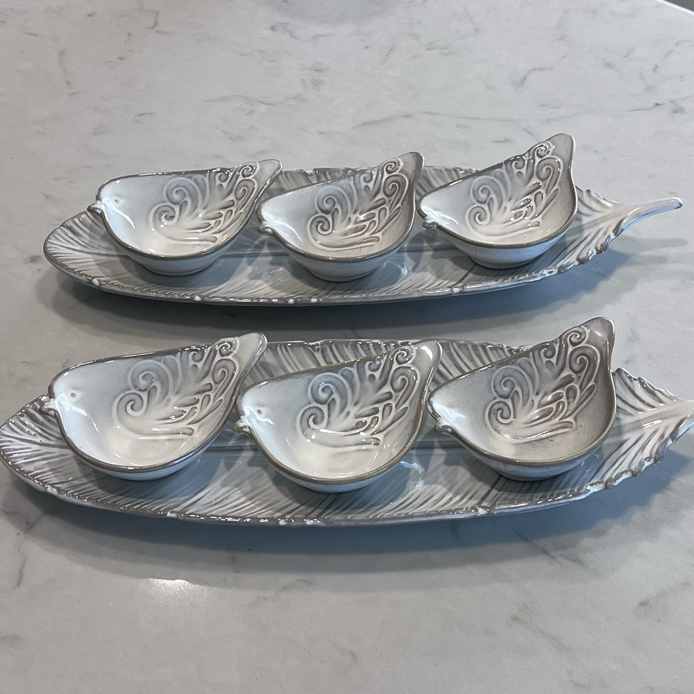 Pier 1 Ivory Cream Embossed Bird Shaped Small Bowls & Feather Dishes (2 Sets)